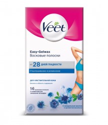 Восковые полоски для депиляции, Veet (Вит) 16 шт для чувствительной кожи бикини и область подмышек технология Изи-Гельвокс с миндальным маслом и ароматом василька с салфетками